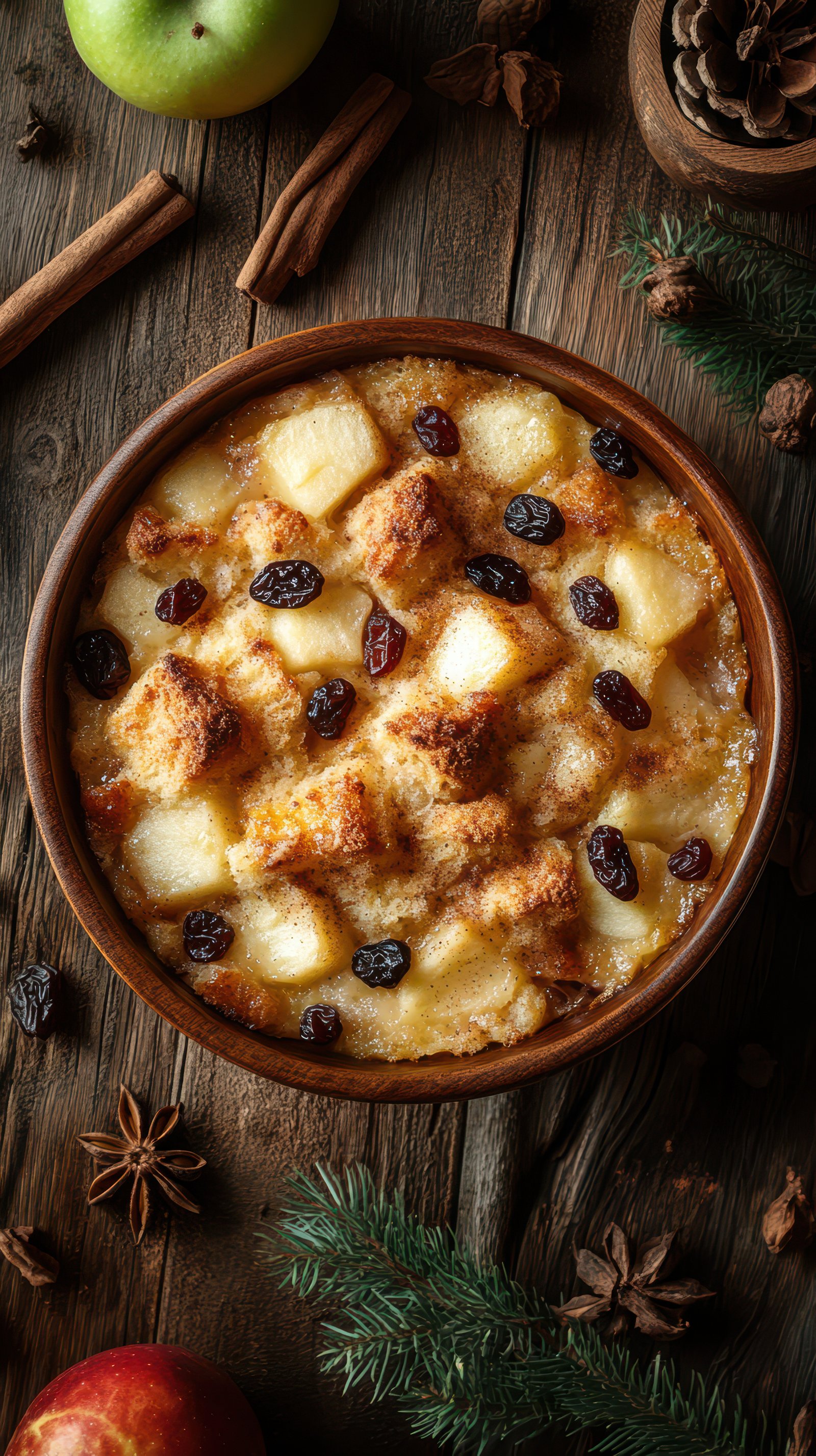 Warm apple bread pudding with spices and raisins served in rustic bowl on wooden table during autumn